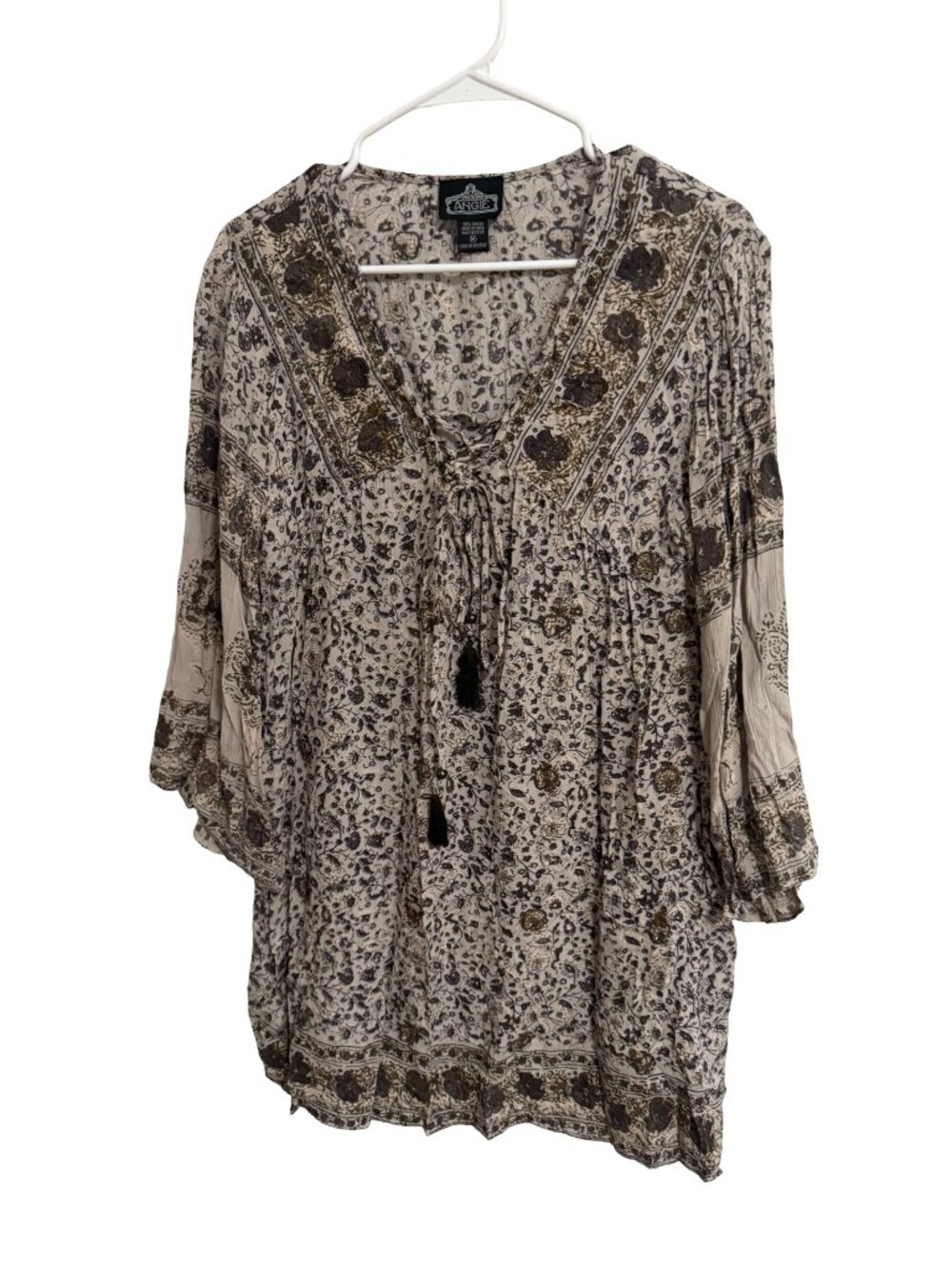 Angie Tunic Top Medium Beige Floral Crinkle Rayon Boho Tassel Cottagecore Flowy - Picture 5 of 6